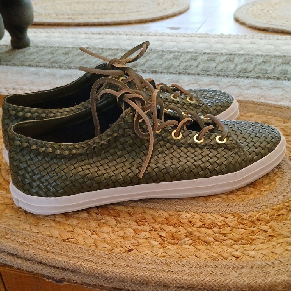 Womens Talbots Woven Leather Sneaker-8-Olive Green